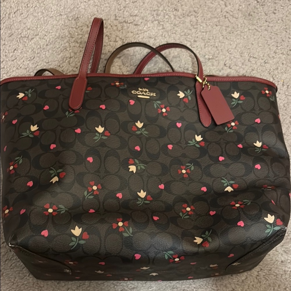 Coach Brown and Red Tote Bag with Floral Design